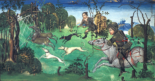 A mounted hunter drives red deer into a net; from the Calendar of the British Library's MS Egerton 1146, produced around 1500
