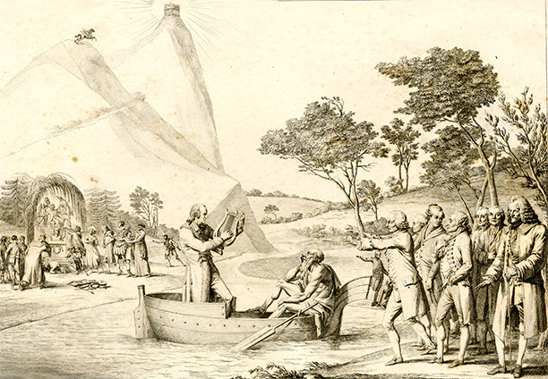 A French allegory of 1813 shows Grétry arriving at the Elysian Fields to be greeted by Voltaire and others, while mourners lament his death on the far bank. British Museum