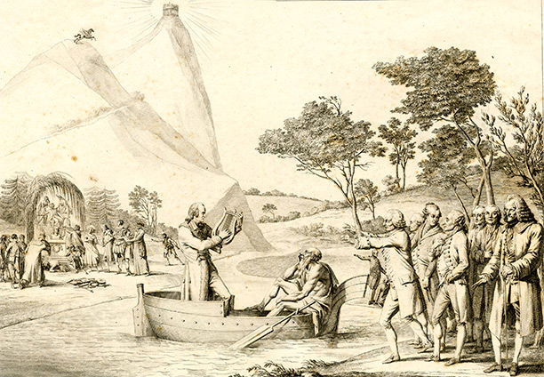 A French allegory of 1813 shows Grétry arriving at the Elysian Fields to be greeted by Voltaire and others, while mourners lament his death on the far bank. British Museum