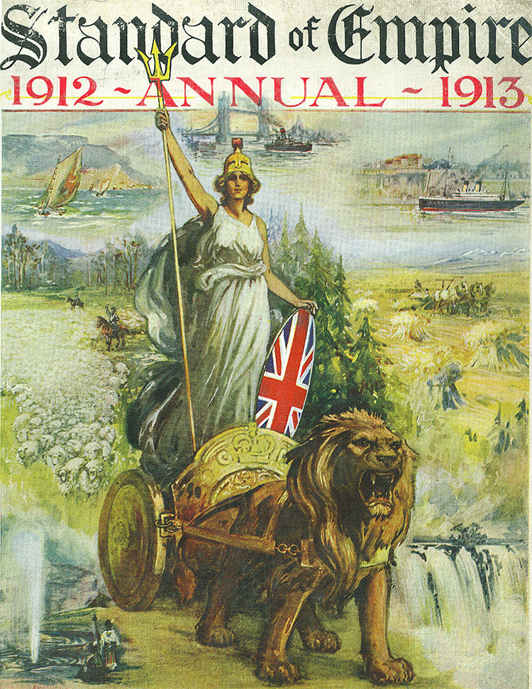 The cover of a jingoistic annual with Britannia in a chariot drawn by the British lion