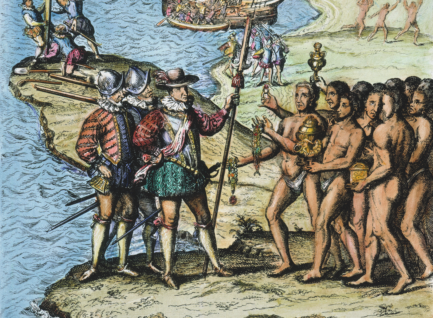 Christopher Columbus landing on the island of Hispaniola, etching, 1728. 