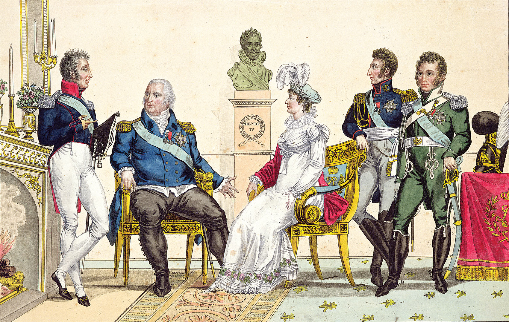 Louis XVIII and his family in a 19th-century engraving.