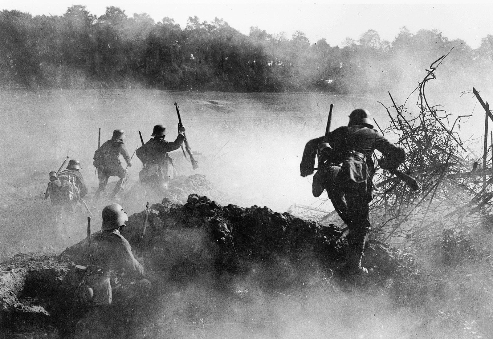 German stormtroopers advance through Picardy in the Kaiserschlacht of March 1918, during which Arthur Cooper was killed.