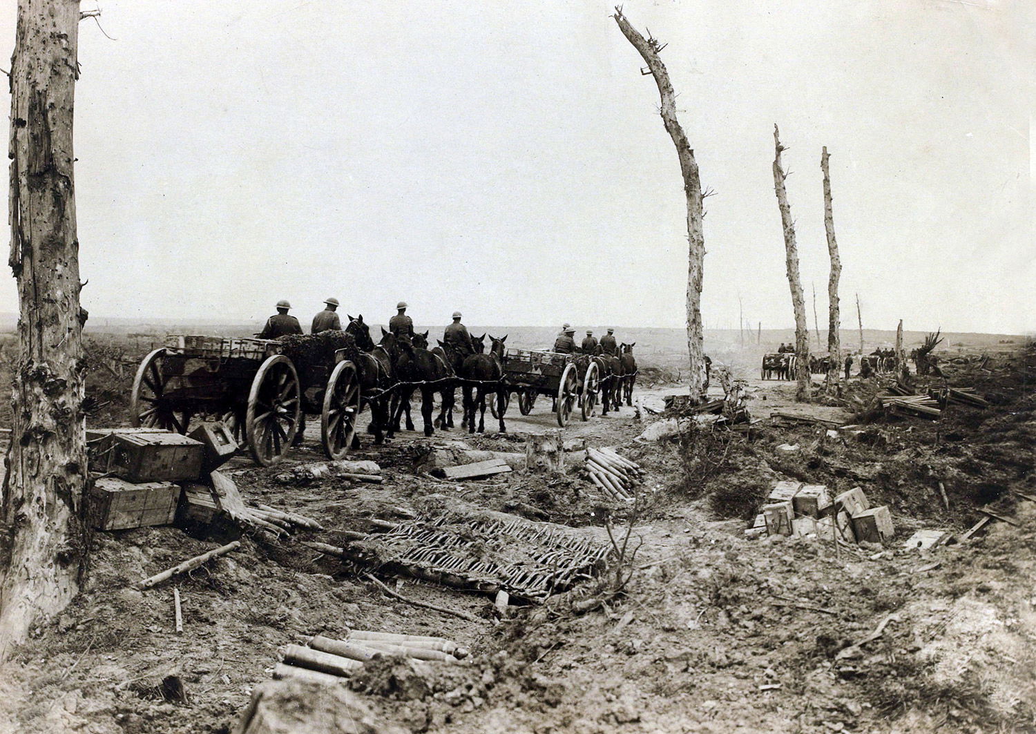 British ammunition wagons move up to the front alongside the Ypres-Menin road, September 1917. Getty Images/Popperfoto