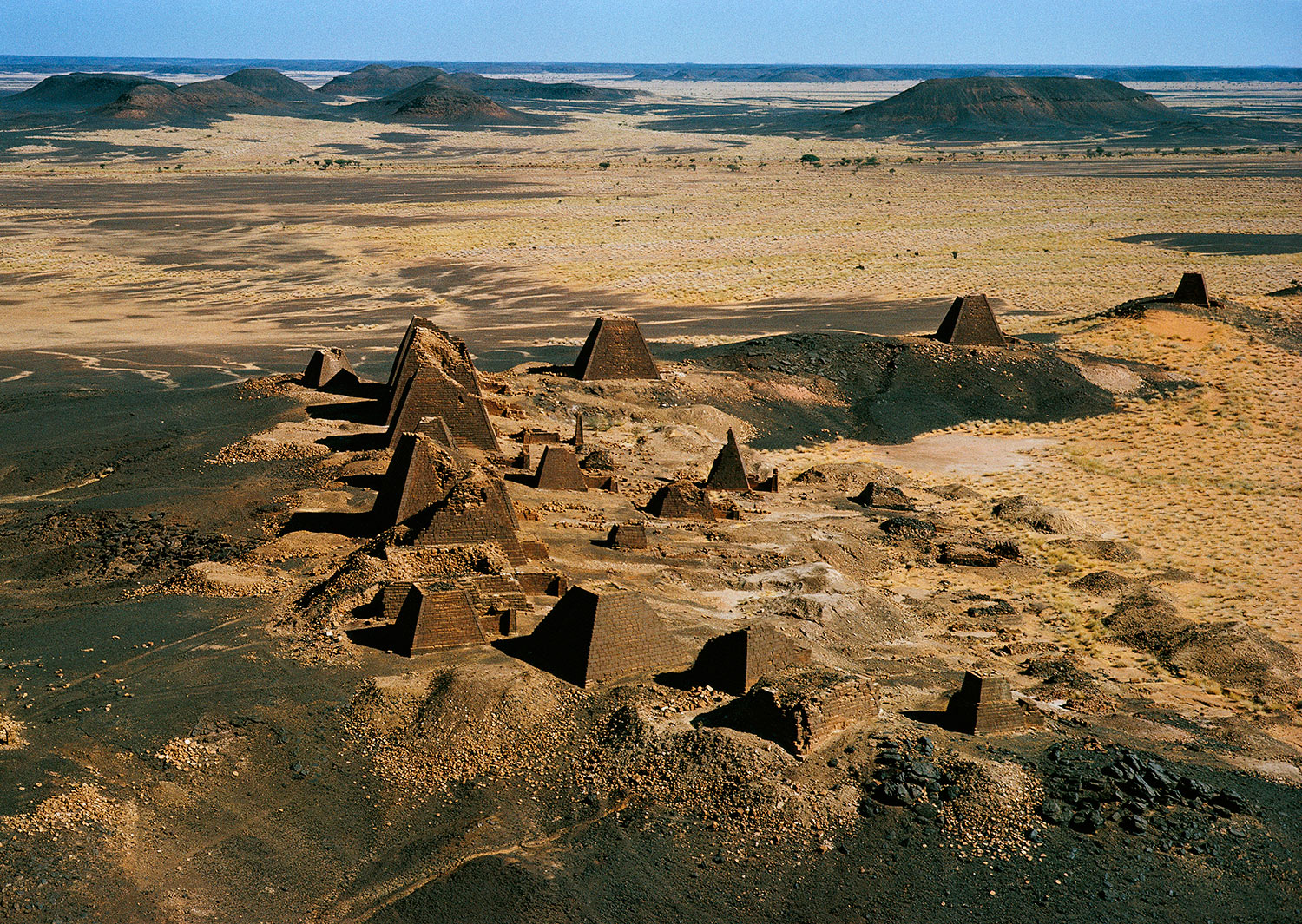 Funeral pyramids and temples from the Kingdom of Kush dating from 800 BC to AD 350 at Meroe, Sudan