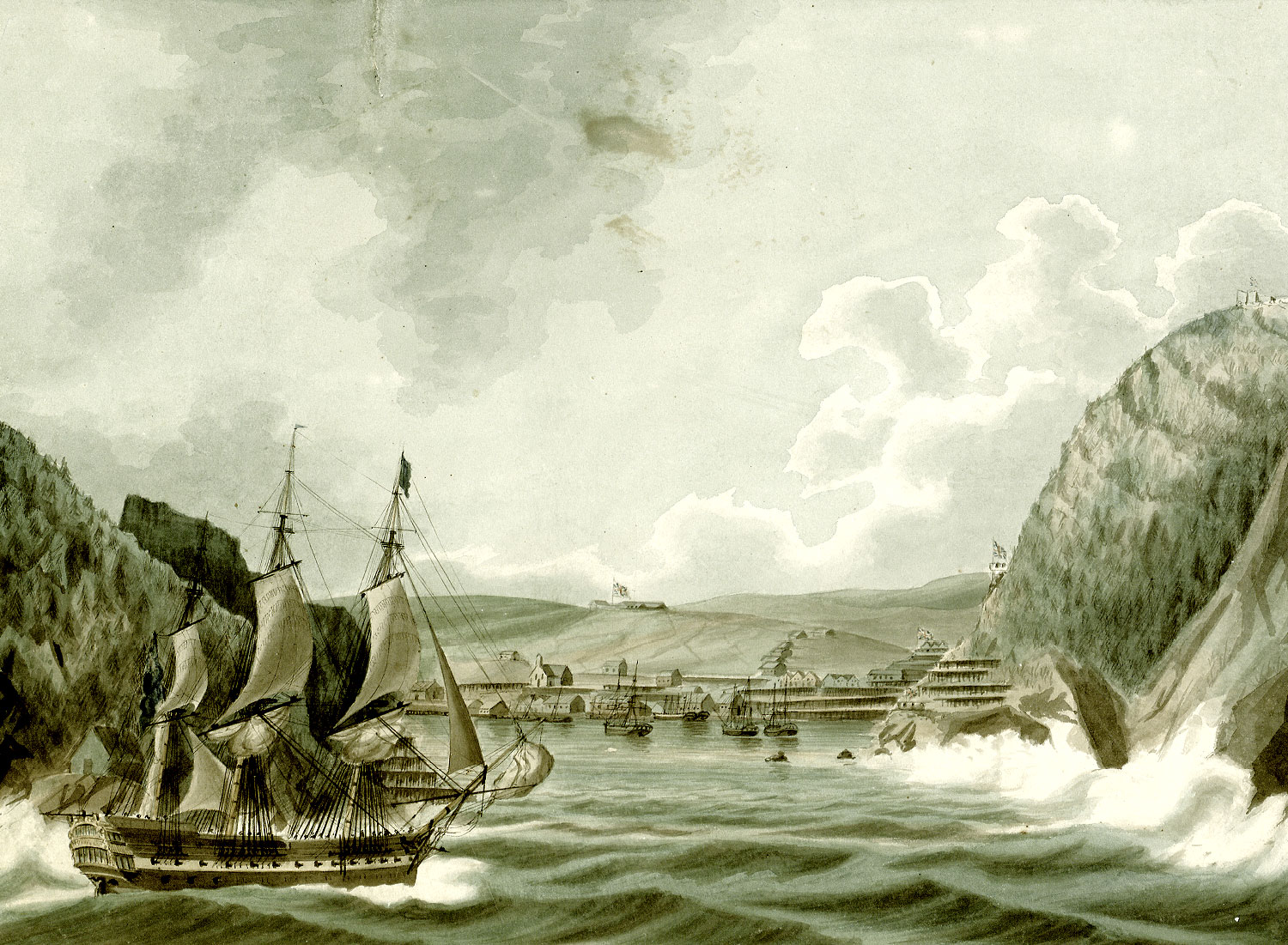 A sailing ship at the entrance to St John’s Harbour, Newfoundland, 1798, Edward Pelham Brenton. (British Library Board/Bridgeman Images)