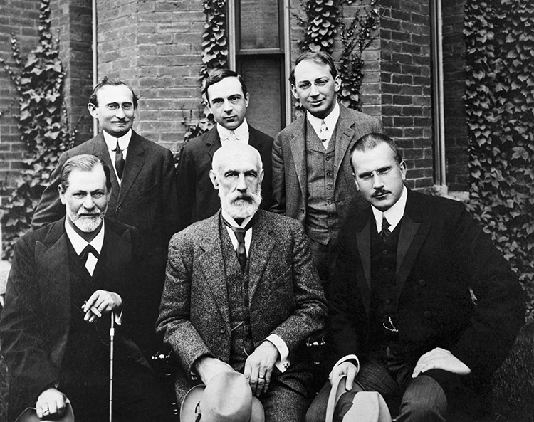 A.A. Brill, top left, with Sigmund Freud and other psychiatrists at Clark College, Massachusetts, 1908.