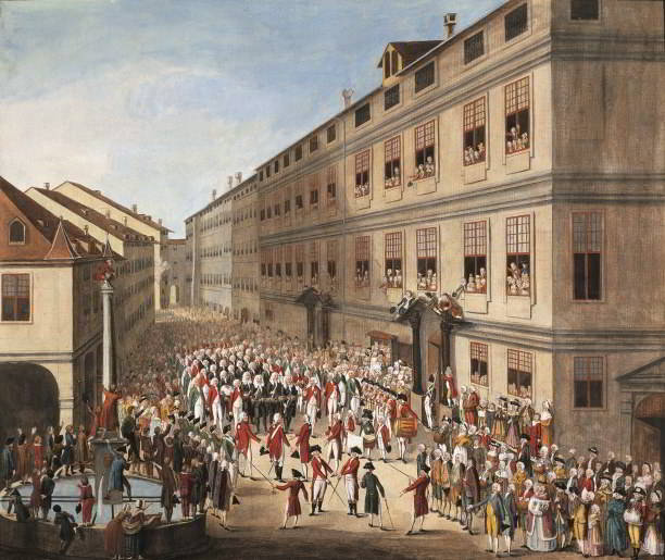 A meeting of the General Council of Geneva that took place outside the City Hall, on Febuary 10th, 1789. Contemporary painting by the Swiss artist Christian Gottfried Geissler. AKG Images/De Agostini Picture Library