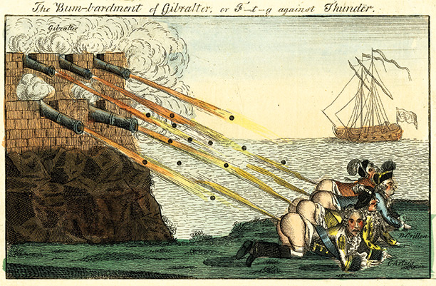 Rearguard action: 'The bumb-bardment of Gibralter, or f-t-g against thunder' by Thomas Colley, 1783, shows French and Spanish officers attacking the Rock