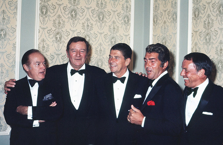 Reagan flanked by supporters from the world of entertainment, October 1970. From left: Bob Hope, John Wayne, Dean Martin and Frank Sinatra.