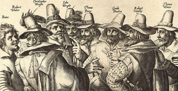 The etching of eight of the thirteen conspirators, by Crispijn van de Passe. Missing are Digby, Keyes, Rookwood, Grant, and Tresham