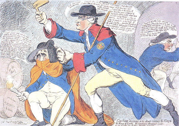 'Guy-Vaux, discovered in his attempt to destroy the King and the House of Lords - His Companions attempting to Escape', by James Gillray, May 14th, 1791. Edmund Burke discovers Fox (Fawkes) and R.B. Sheridan - both supporters of the French Revolution - about to set fire to gunpowder casks.