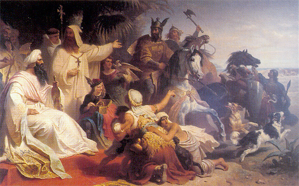 Harun al-Rashid receiving a delegation sent by Charlemagne at his court. By Julius Köckert