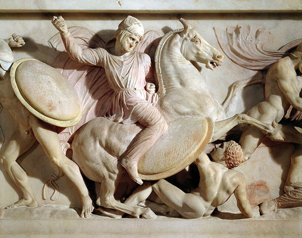 Tales of war: A detail from the fourth-century bc Sarcophagus of Alexander shows a Persian horseman killing a Greek warrior