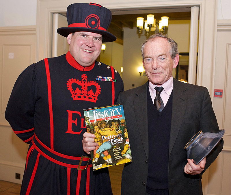 Winner of the Trustees Award, Simon Jenkins, with a beefeater