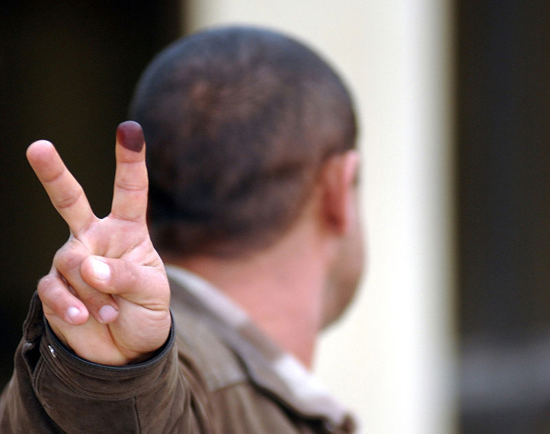 A voter shows his stained finger during the Iraqi election of 2005.