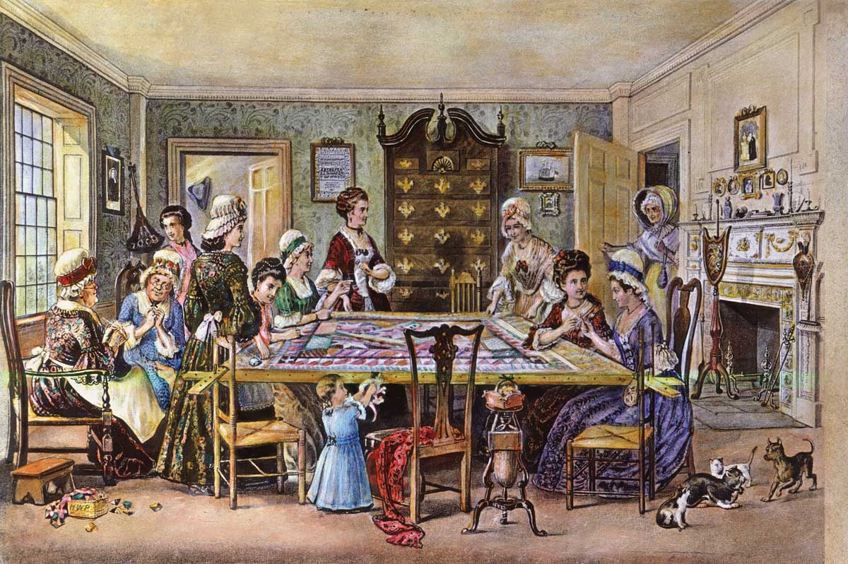 Women at a quilting bee. Lithograph, 1876 © Bridgeman Images.