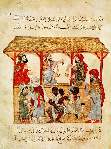 The king’s property: a slave market, by Yahya ibn Al-Wasiti from Al Maqamat, ‘The Meetings’, by Al-Hariri, 13th-century Iraq. Ms Ar 5847 f.105 © Bibliothèque Nationale/Bridgeman Images. The king’s property: a slave market, by Yahya ibn Al-Wasiti from Al Maqamat, ‘The Meetings’, by Al-Hariri, 13th-century Iraq. Ms Ar 5847 f.105 © Bibliothèque Nationale/Bridgeman Images.