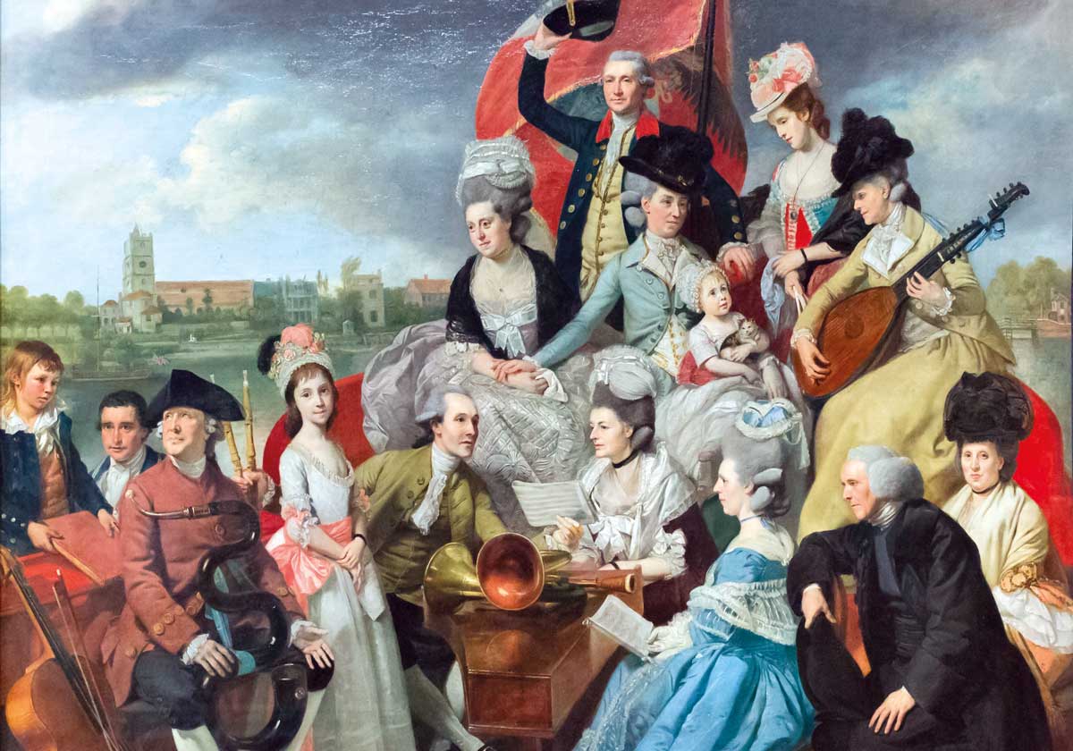 The Sharp Family, by Johan Zoffany, 1779-81 (John is next to Frances  in blue; Elizabeth plays the harpsichord beside Granville; James holds a ‘serpent’, William waves his hat and Judith plays the lute) © Stefano Baldini/Bridgeman Images.