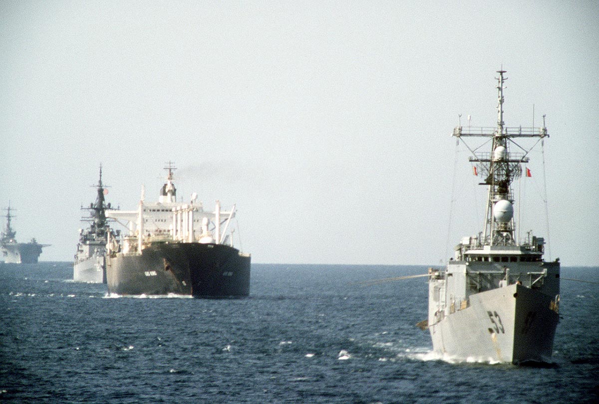 A starboard bow view of ships of tanker convoy No. 12 underway in the Persian Gulf, 21 October 1987
