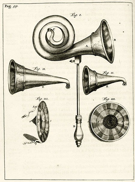 An engraving of hearing aids from Exercitationes Practicæ circa Medendi Methodum by Frederik Dekkers, 1694