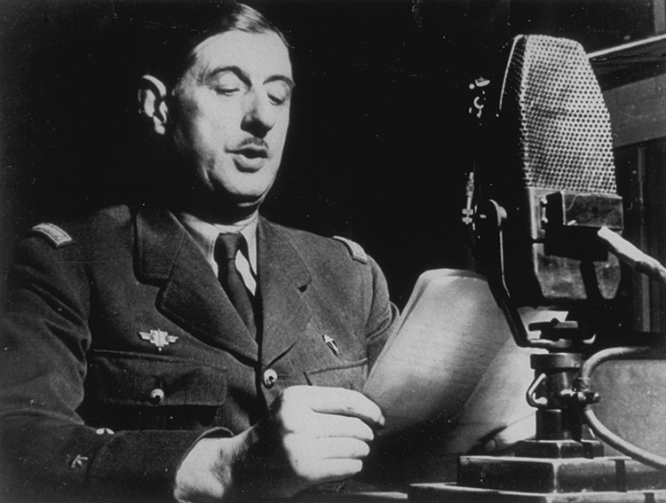 'In God's hands': Charles de Gaulle delivers a speech from London in 1940.