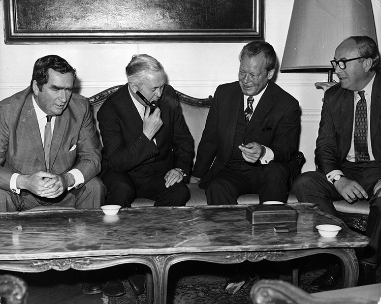 Cerebral summit: Denis Healey (far left) and Roy Jenkins (right) flank Harold Wilson and West German Chancellor, Willi Brandt, London, 1971.