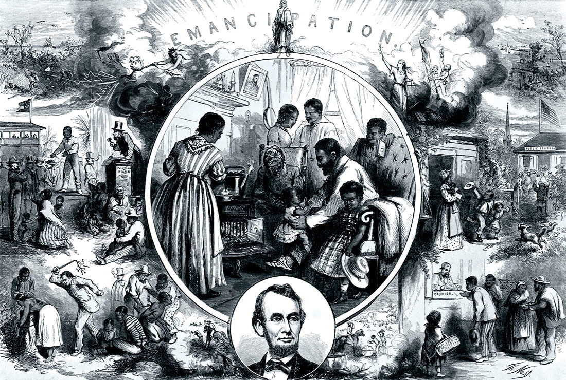 Change at last: engraving celebrating the emancipation of slaves, by Thomas Nast, c.1863. © Getty Images.