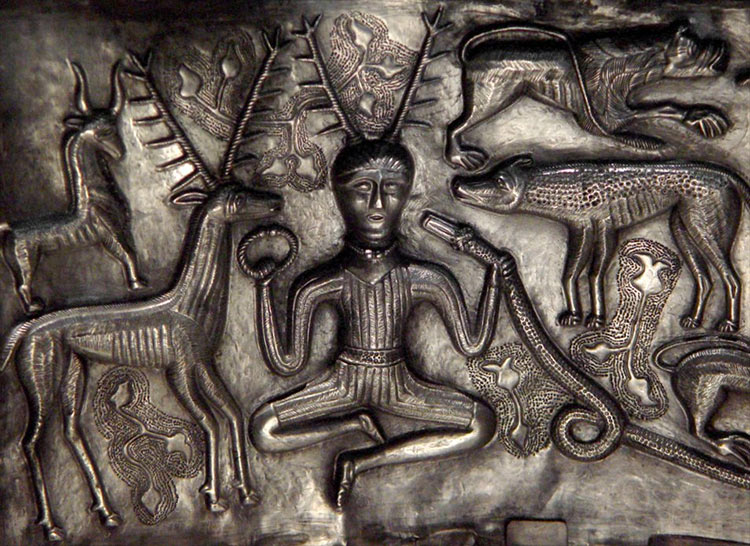 Detail of antlered figure on the Gundestrup Cauldron. Licensed under CC BY-SA 3.0 via Commons.