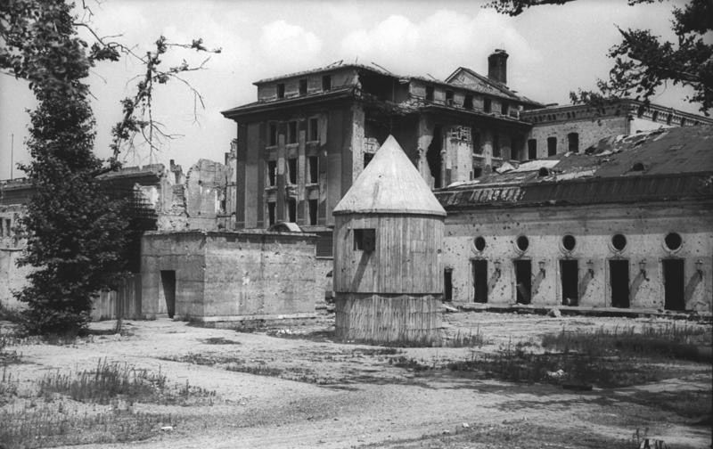 July 1947 photo of the rear entrance to the Führerbunker in the garden of the Reich Chancellery.