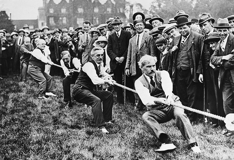 Tug-of-War: Ramsay MacDonald is the first man on the rope at a Labour Party rally, 1923. 