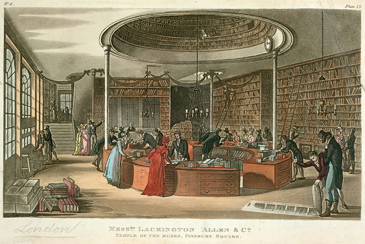 Shopping at the Temple of the Muses in a print by Rudolph Ackermann from 1809.