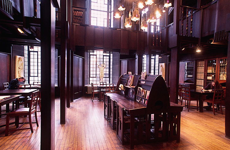 The interior of the library at the Glasgow School of Art before the fire.