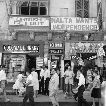 Shops in Valletta with anti-British and pro-Independence signs in the early 1960s