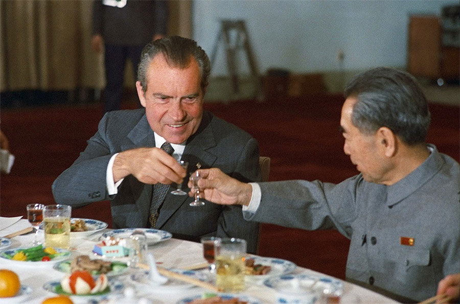 President Nixon and Chinese Premier Zhou Enlai toast during Nixon's 1972 visit to China.