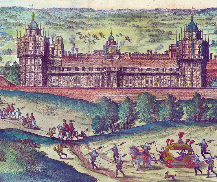 'Nowhere is there anything the like'; the arrival of Elizabeth I at Nonsuch Palace, 1598, engraving by Joris Hoefnagel.