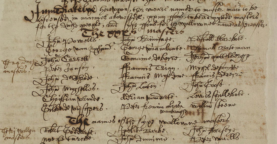 Strangers welcome: the initial invitation to 24 Dutch (beginning with John Powells) and, beneath them, six Walloon masters (beginning with Robert Goddarte) to settle in Norwich, 1565. Courtesy Norfolk Record Office.