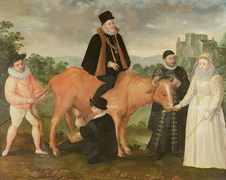 Philip II (on a cow) with the Duke of Alençon, the Duke of Alba, William of Orange and Elizabeth I, by Philip Moro, 16th century