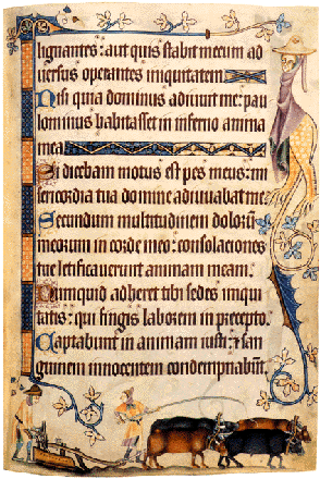 Page from the 14th-century Luttrell Psalter, showing drolleries on the right margin and a ploughman at the bottom