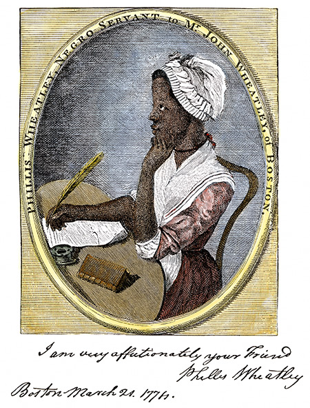 Freedom in thought: the poet Phyllis Wheatley with her autograph. Woodcut, 18th century.