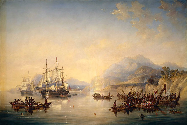 'Erebus' and the 'Terror' in New Zealand, August 1841, by John Wilson Carmichael
