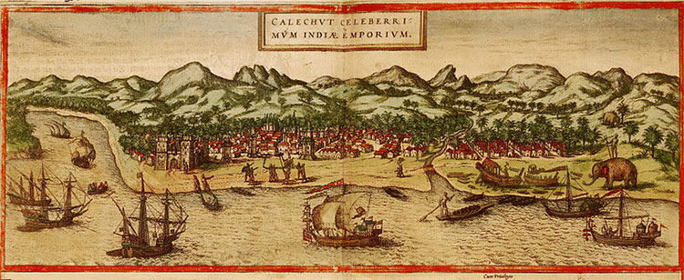 Image of Calicut, India from Georg Braun and Frans Hogenberg's atlas Civitates orbis terrarum, 1572.