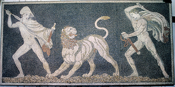 Youthful pursuit: Alexander the Great (right) and General Krateros on a lion hunt. Macedonian mosaic, fourth century BC. Bridgeman Art Library/Archaeological Museum, Pella