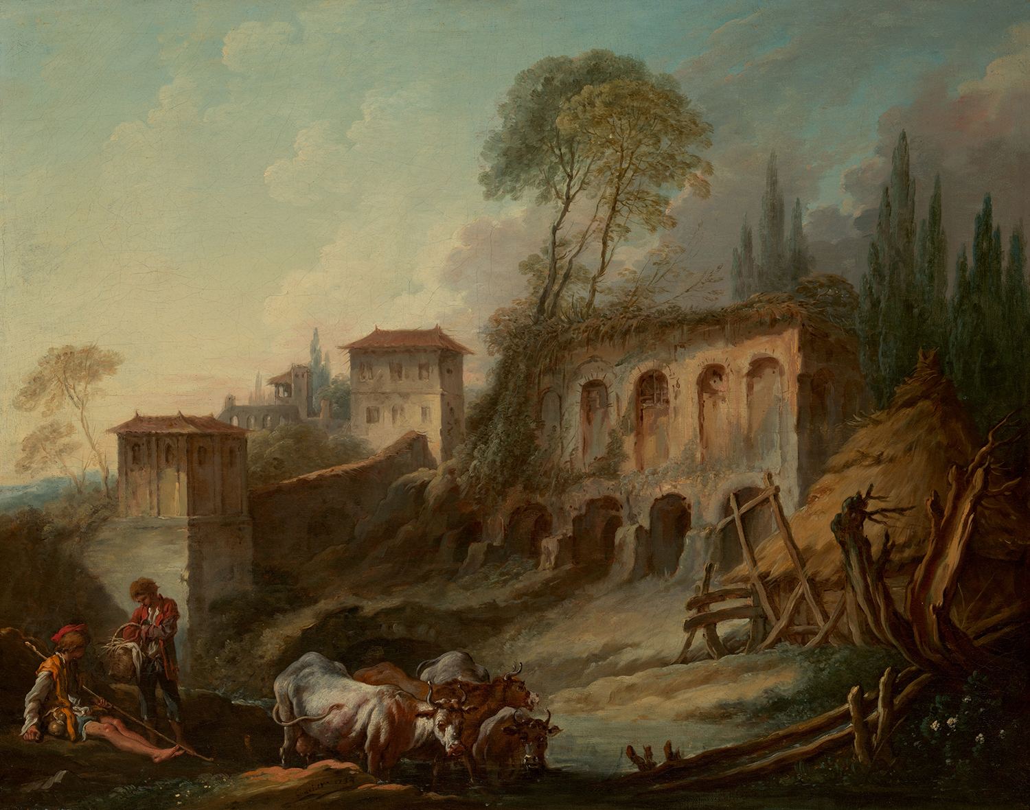 Imaginary Landscape with the Palatine Hill from Campo Vaccino, by François Boucher, 1734.