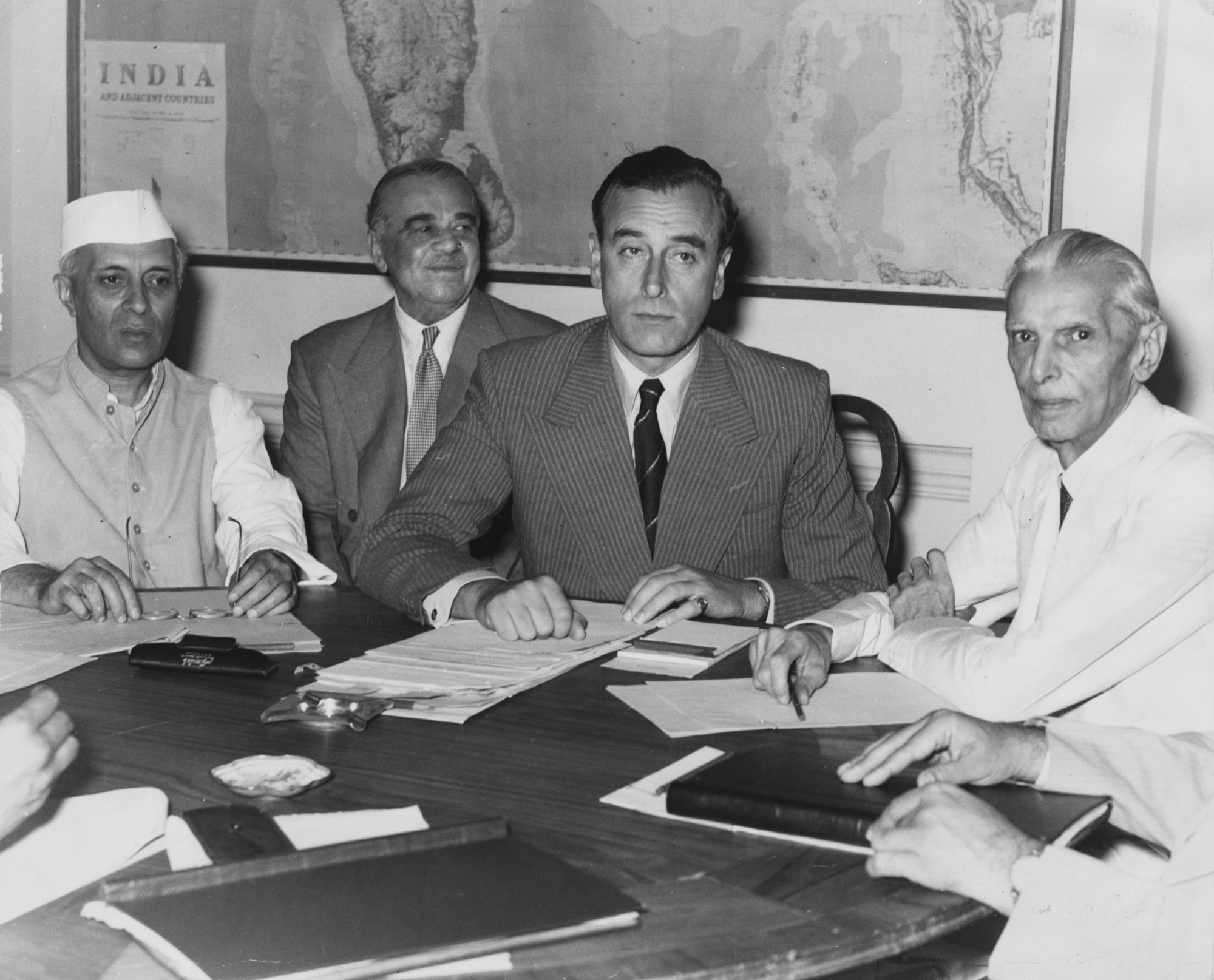 Jinnah (right) discusses Partition with (from left) the Indian nationalist leader Jawaharlal Nehru, Lord Ismay and Lord Mountbatten, Viceroy of India, June 1947.