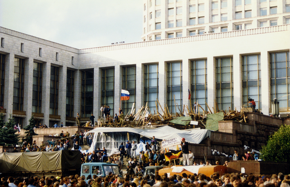 The attempted Soviet coup d'état, or August Coup, Moscow, 1991.