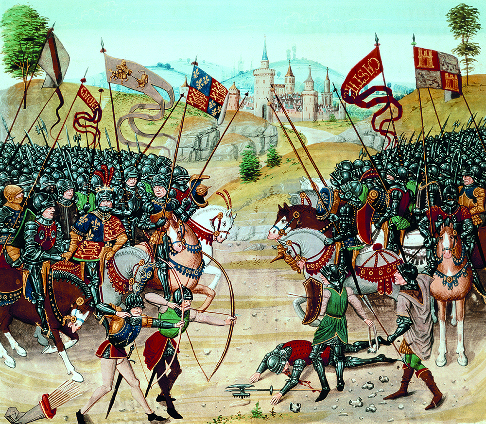 The Battle of Nájera, fought by King Peter against Henry Trastámara, 3 April 1367, from a 15th-century manuscript of Jean Froissart’s Chronicles.