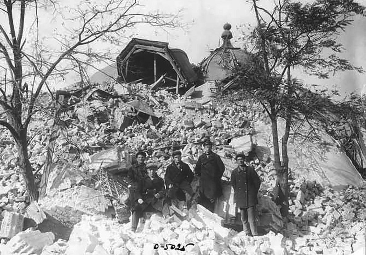 On the ruins of the blown up Holy Transfiguration Church, Donetsk