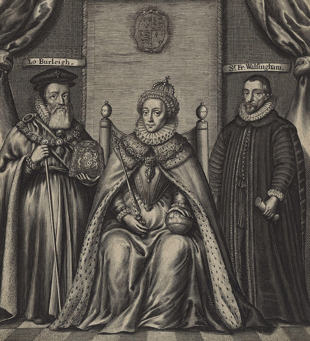 Engraving of Queen Elizabeth I, William Cecil and Sir Francis Walsingham, by William Faithorne, 1655.