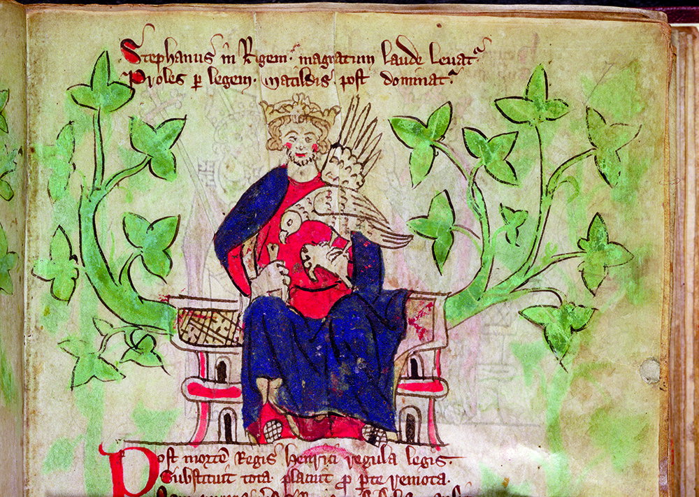 King Stephen connected his throne, from Peter Langtoft’s Lament of Edward II, c.1315.